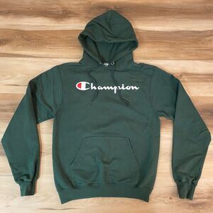 Champion Hoodie Mens Small Green Heavyweight Sweatshirt Script Big Logo